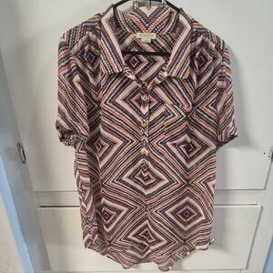 Lucky Brand Shirt Womens XL Multicolor Geometric Sheer Asymmetrical Hem Blouse